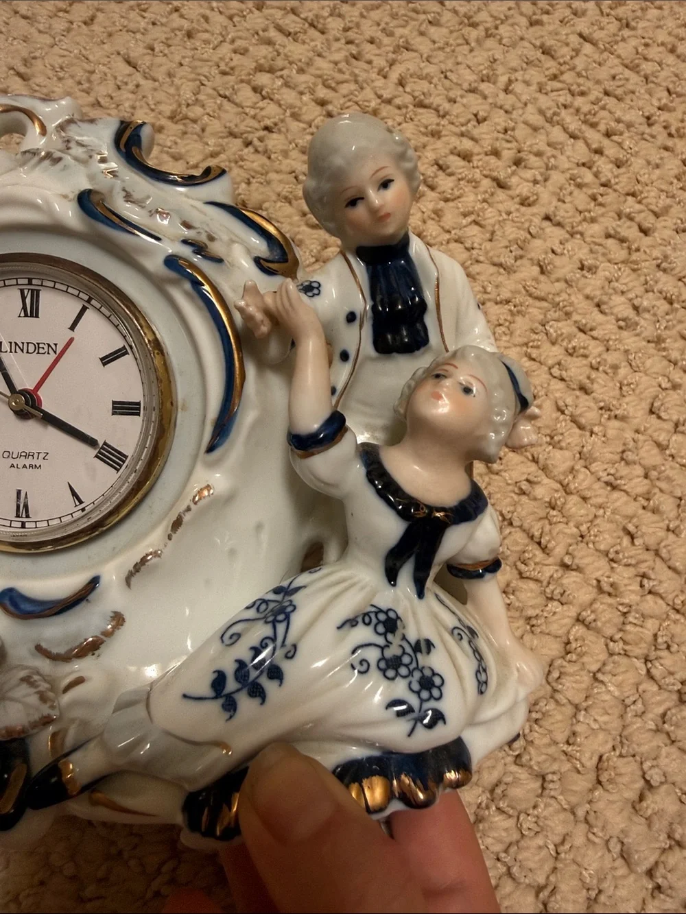 Linden White Porcelain Mantel Clock with Blue and Gold Accents